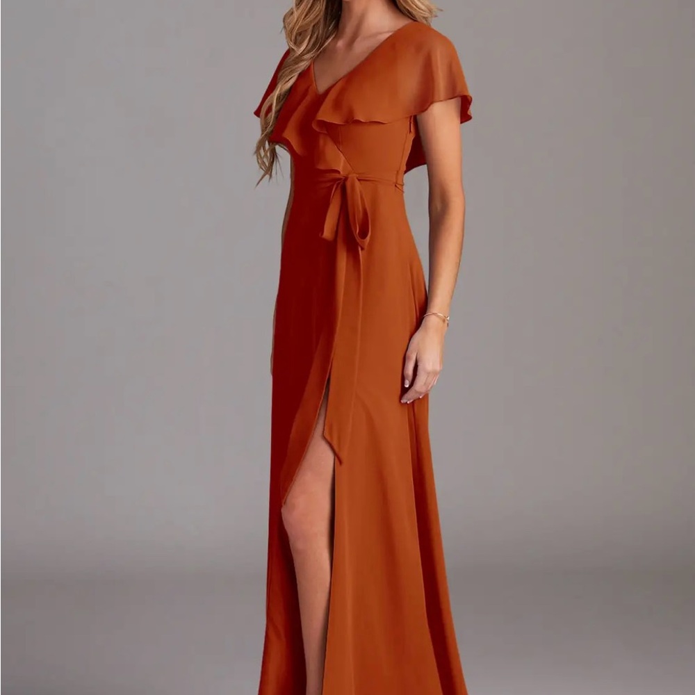 Azazie Rust Orange Ruffle Maxi Dress - Picture 4 of 9